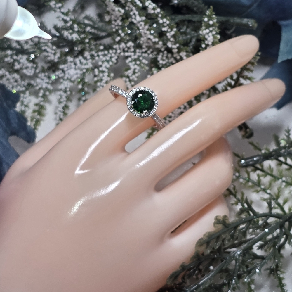 Round Cut Halo Emerald & White Baguette Diamond 14K Rose Gold on 925 Silver - Picture 9 of 9